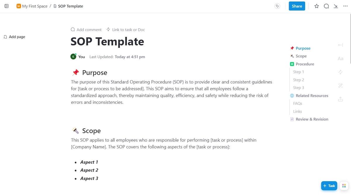 Screenshot of an SOP Template from ClickUp