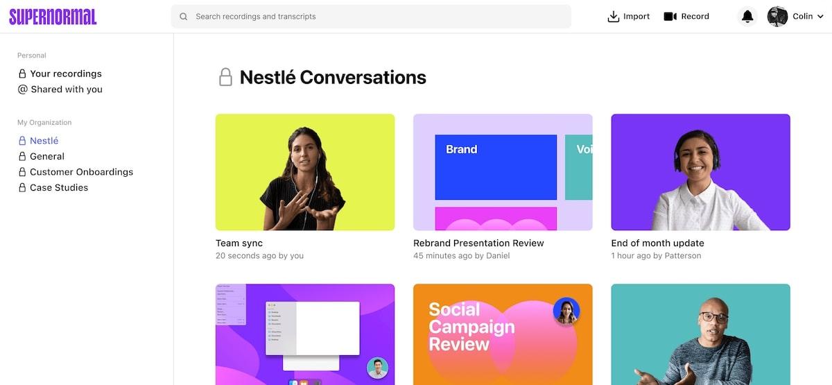 Strumenti di IA per le riunioni: screenshot di Supernormal Conversazioni Nestle