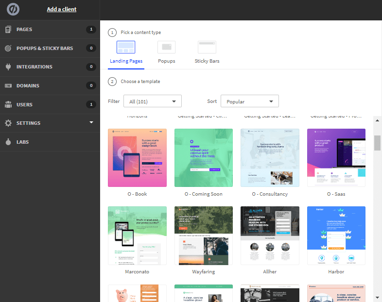 Painel de controle da Unbounce