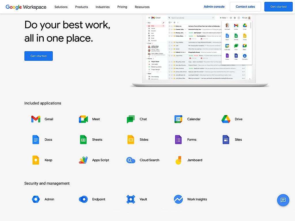 Dasbor Google Workspace: rangkaian lengkap aplikasi produktivitas untuk Mac, termasuk Gmail, Google Docs, Spreadsheet, Slide, Kalender, Meet, dan Drive.  