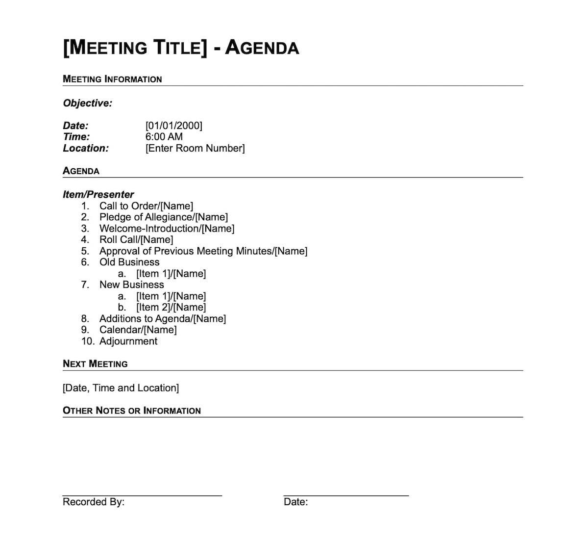 Word Committee Meeting Agenda Template
