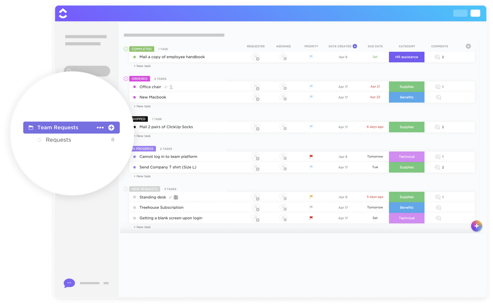 Łatwo zarządzaj prośbami, pomysłami i opiniami swojego zdalnego zespołu dzięki szablonowi ClickUp Team Requests Template