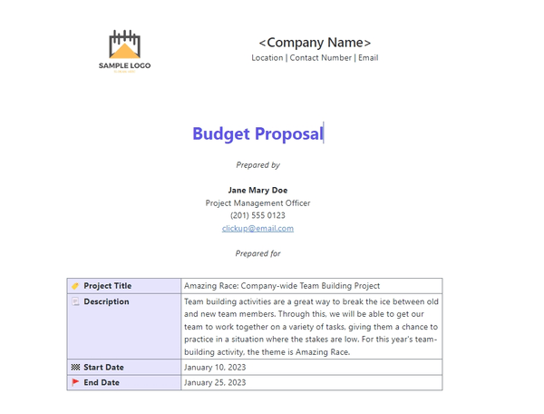 ClickUp's Budget Proposal Template