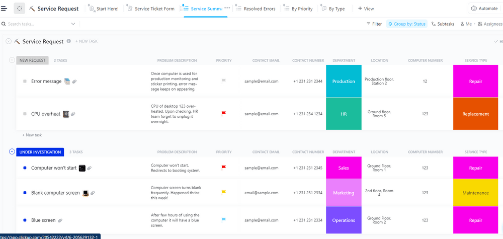 Le modèle de demande de service de ClickUp est personnalisé pour vous aider à assurer le suivi des demandes de service et à offrir une meilleure expérience à vos clients