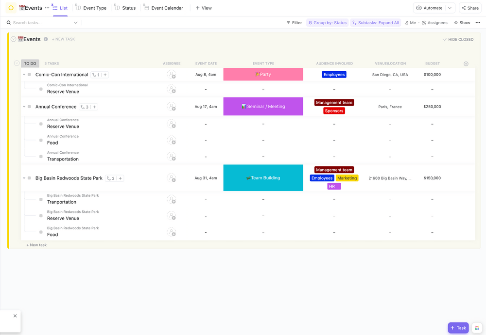 O modelo de orçamento de eventos do ClickUp foi criado para ajudá-lo a planejar, gerenciar e acompanhar as despesas do seu evento