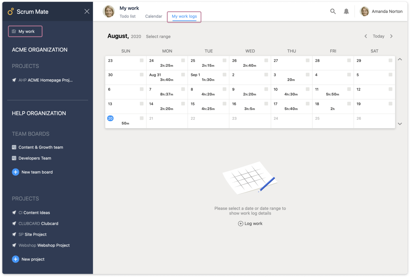 Tableau de bord Scrum Mate