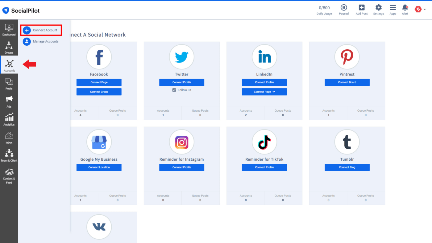 Painel de controle do SocialPilot