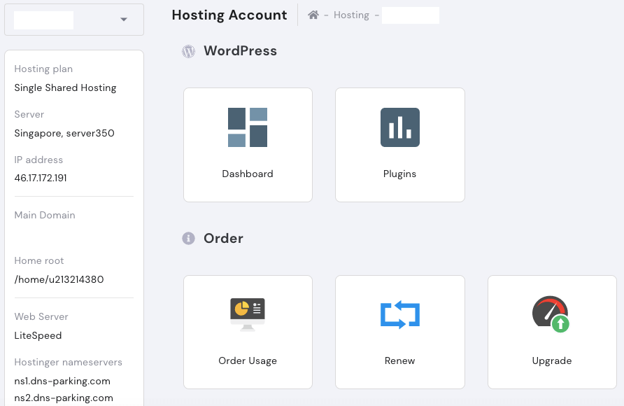 Painel de controle da Hostinger