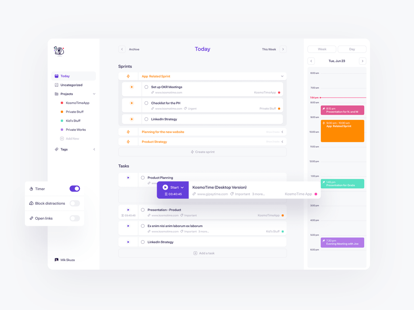 KosmoTime dashboard