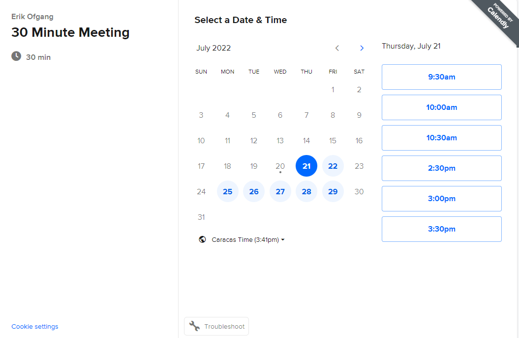 Reclaim AI alternatives: screenshot of Calendly's calendar 