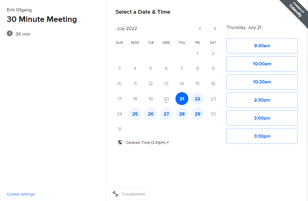 Painel de controle do Calendly