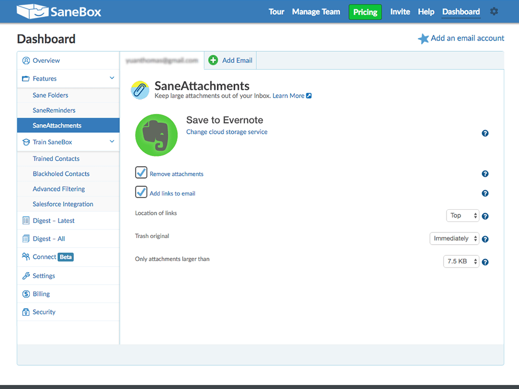 SaneBox Dashboard