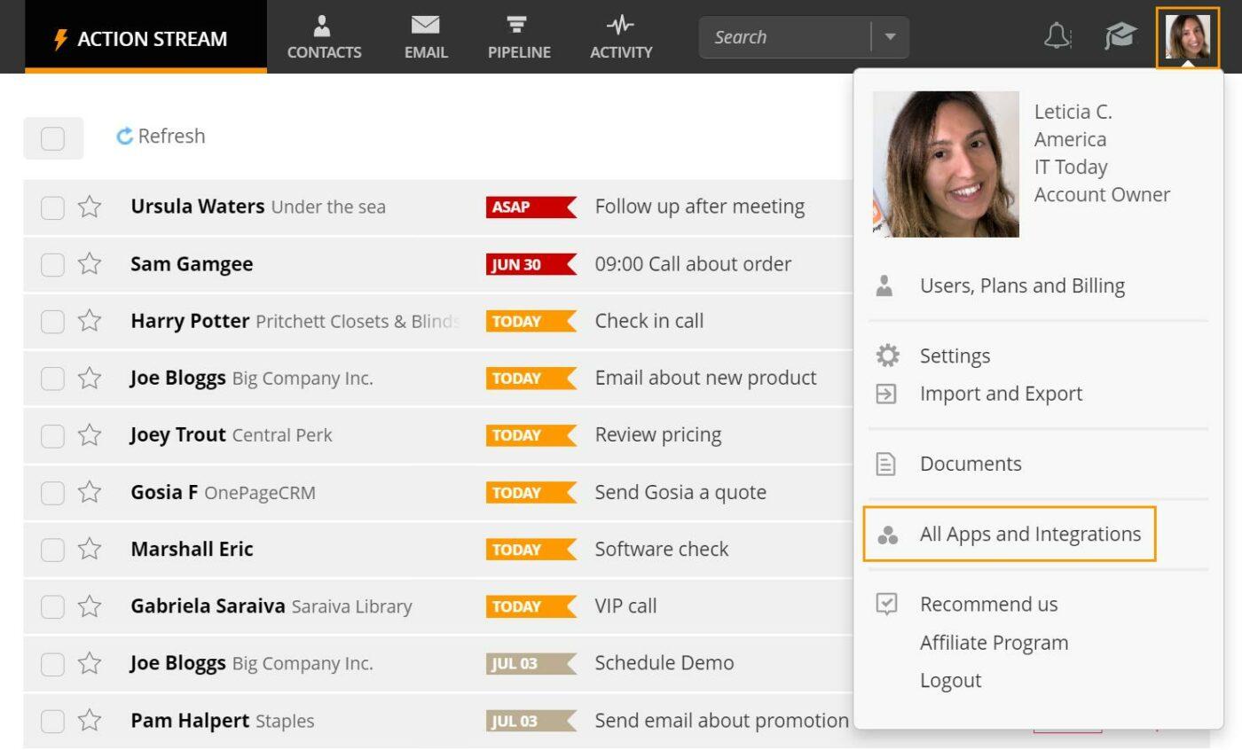 Dashboard di OnePage CRM