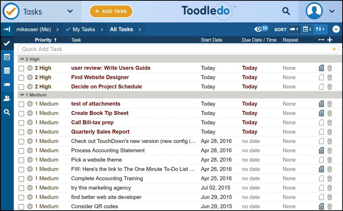 Painel de controle do Toodledo