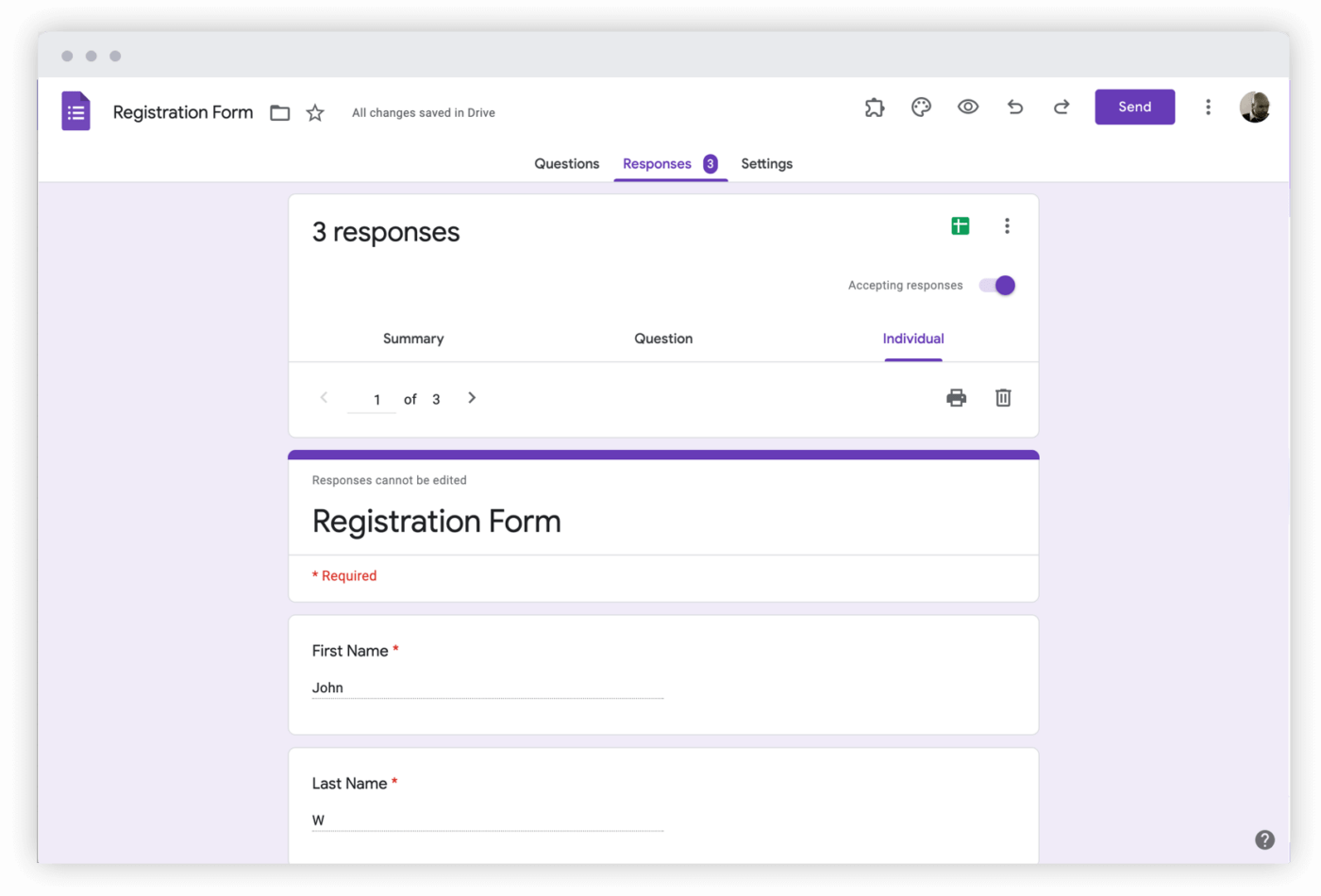 Painel de controle do Google Forms