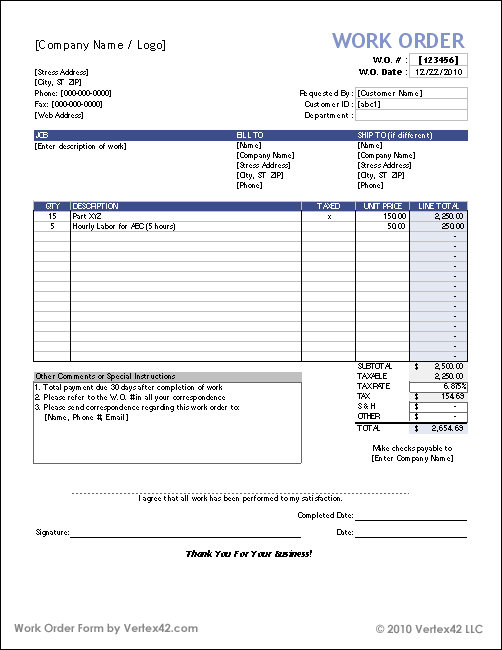 Excel Work Order Template by Vertex42