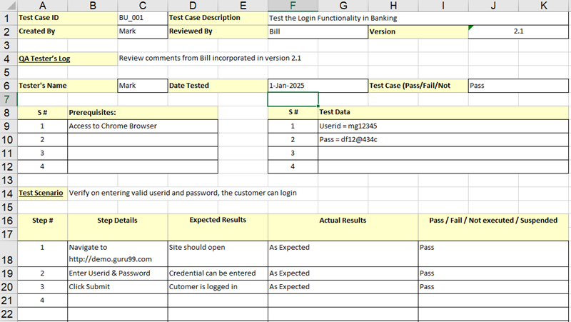 Szablon przypadku testowego Excel autorstwa Guru99