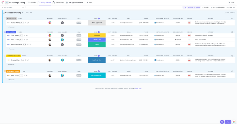 Capacity planning: ClickUp Recruiting & Hiring Template