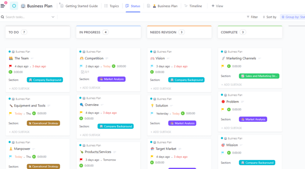 ClickUp's Business Plan Template is designed to help you create and track a comprehensive business plan.