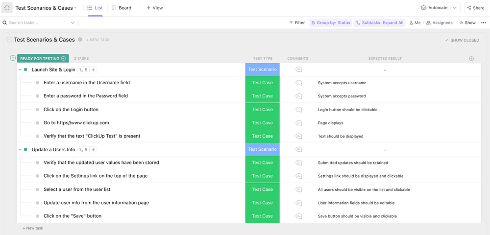 Easily track all software updates and changes with test scenarios with ClickUp