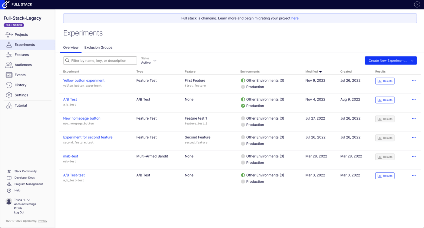 Painel de controle da Optimizely