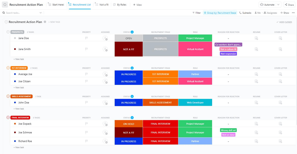 O modelo de plano de ação de recrutamento do ClickUp foi criado para ajudá-lo a gerenciar o processo de recrutamento.  