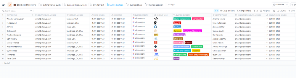 Modello di elenco aziendale ClickUp