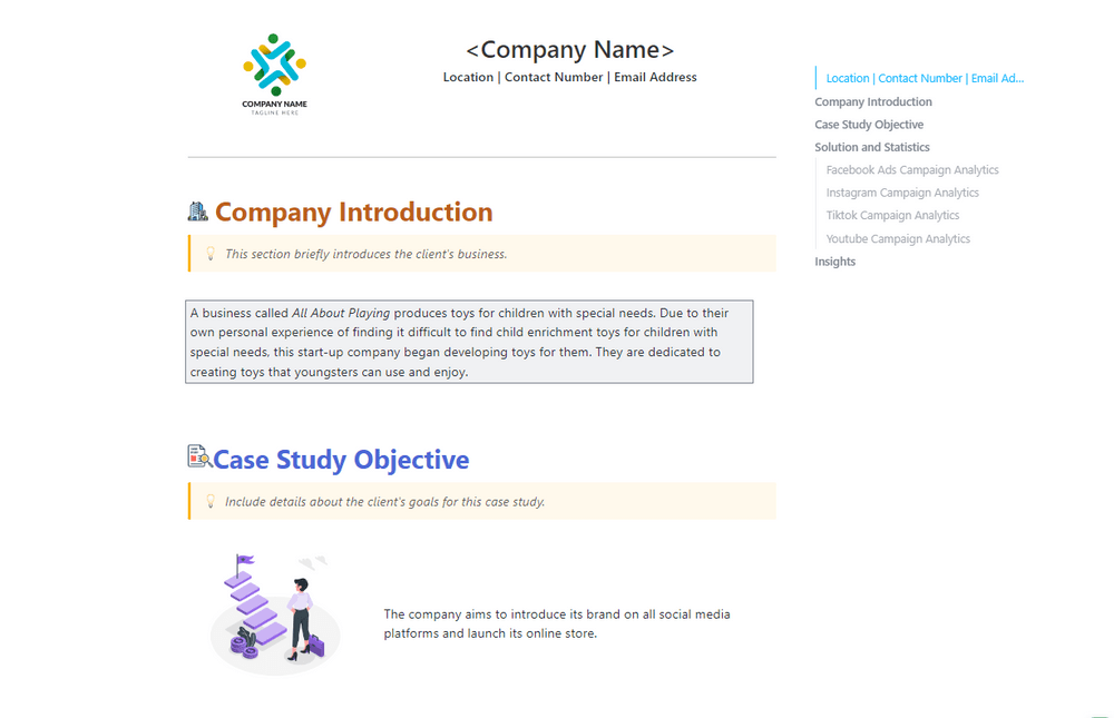 ClickUp's Case Study Template is designed to help you capture ideas and insights from customer feedback.