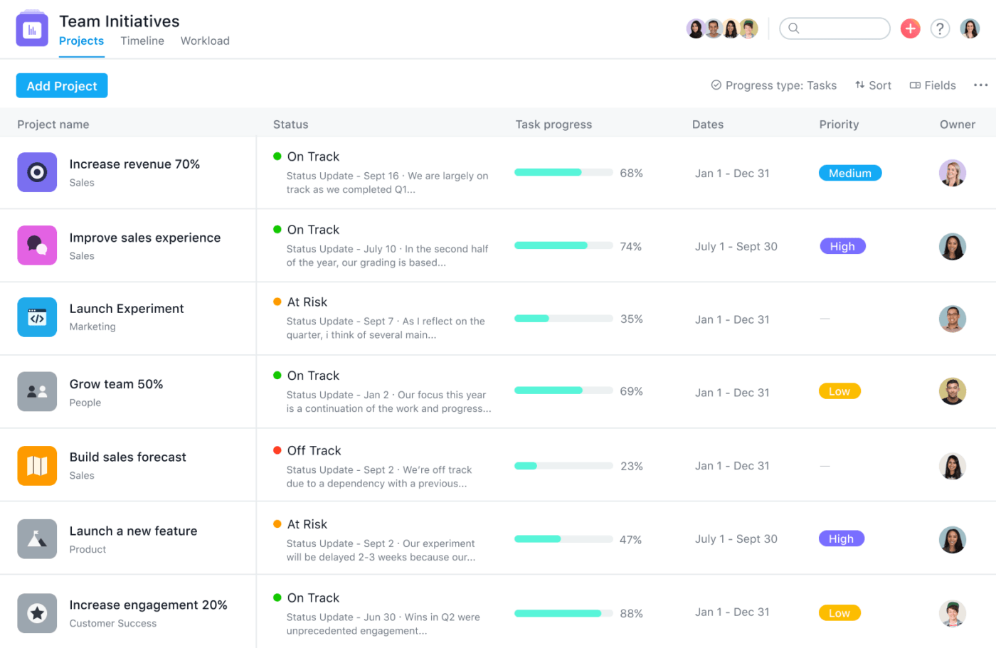 Legal project management software: list of projects in Asana