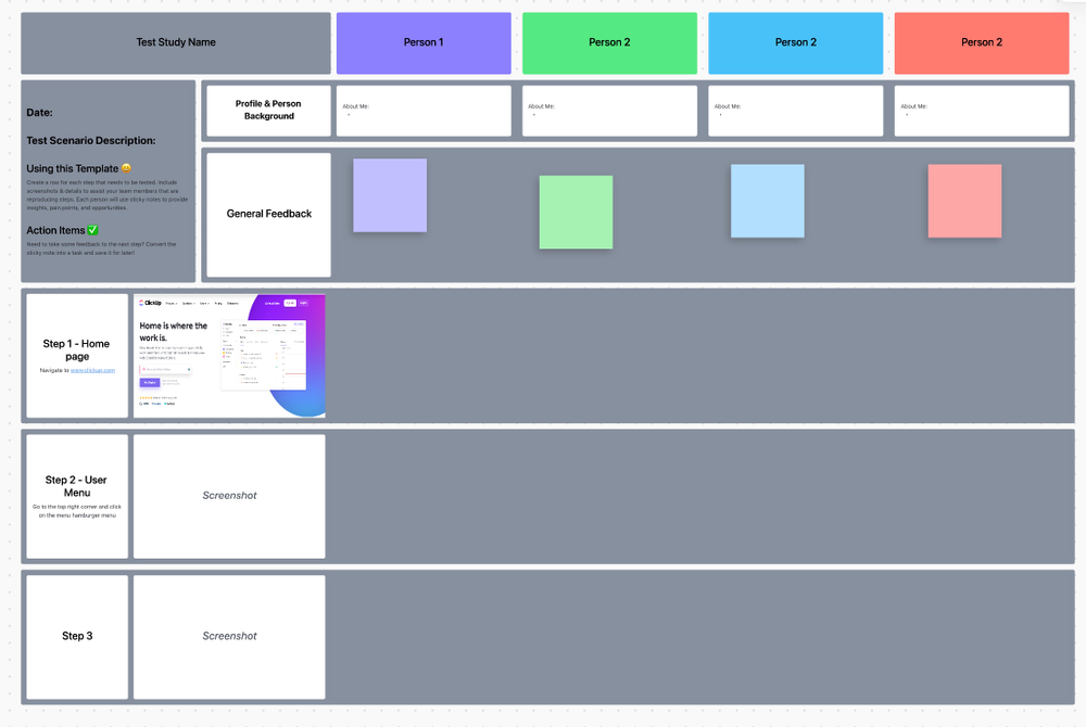 Turn all your UX research data into actionable insights using the Clickup Usability Testing Template