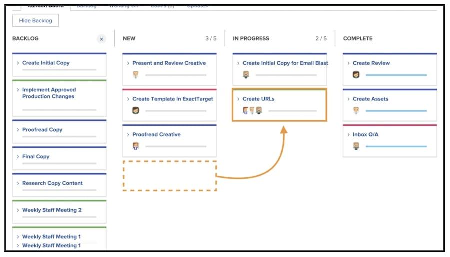 Zrzut ekranu widoku tablicy Kanban Adobe Workfront