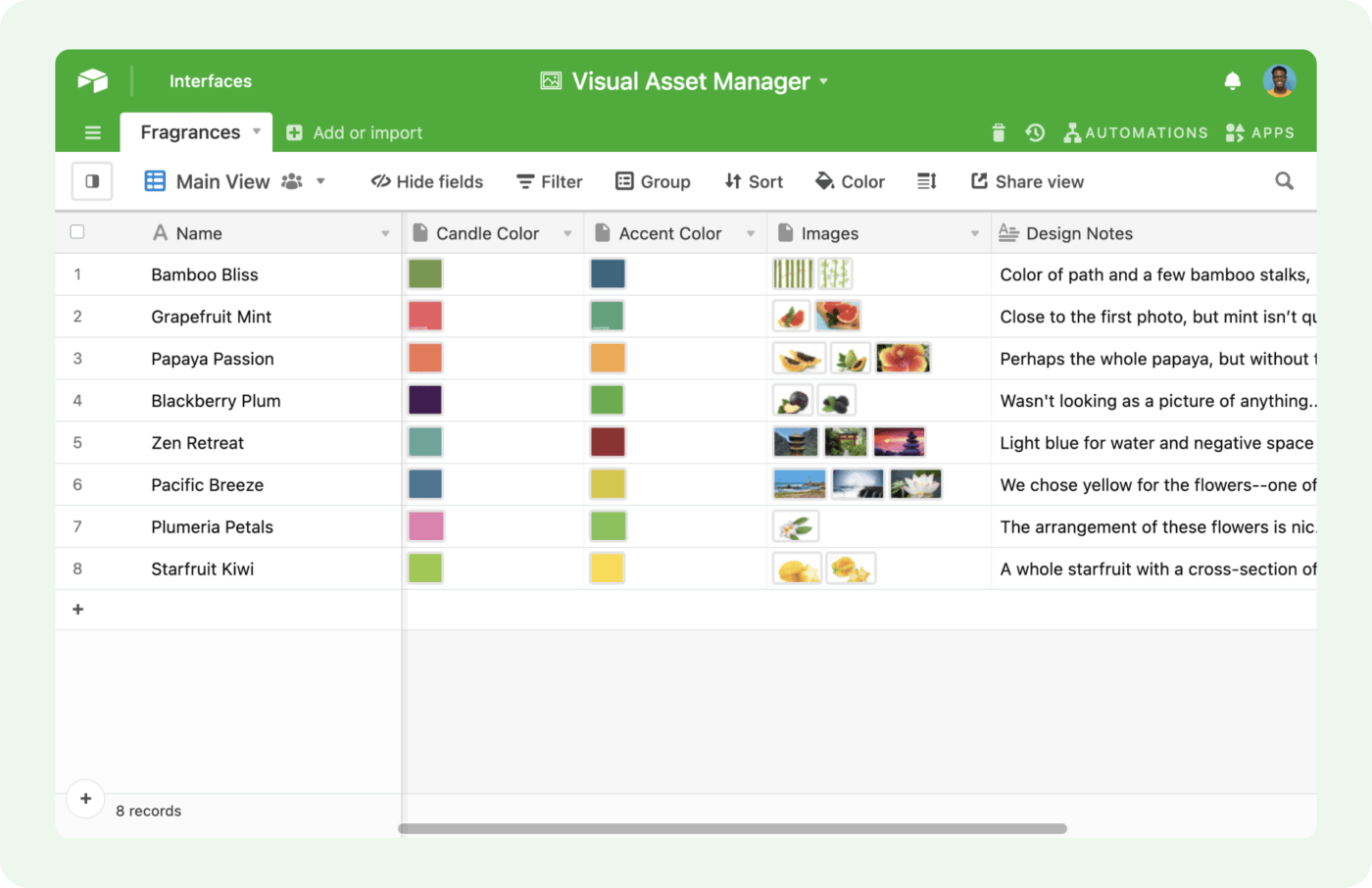 Exemplo de gerenciador de ativos digitais do Airtable