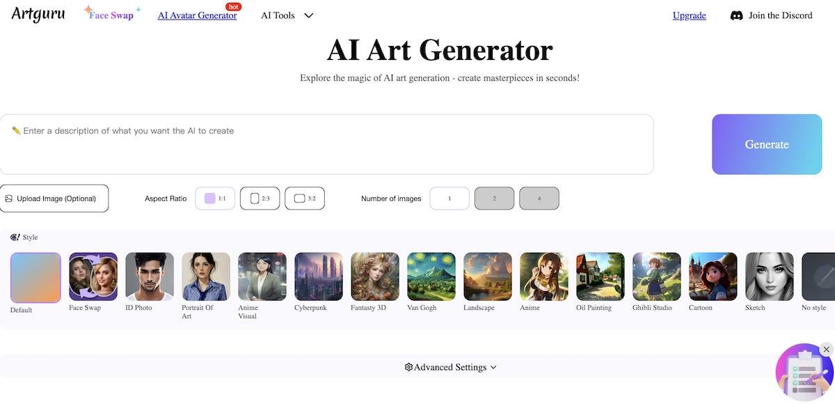 Dall-E alternatives : capture d'écran du générateur d'art IA d'Artguru