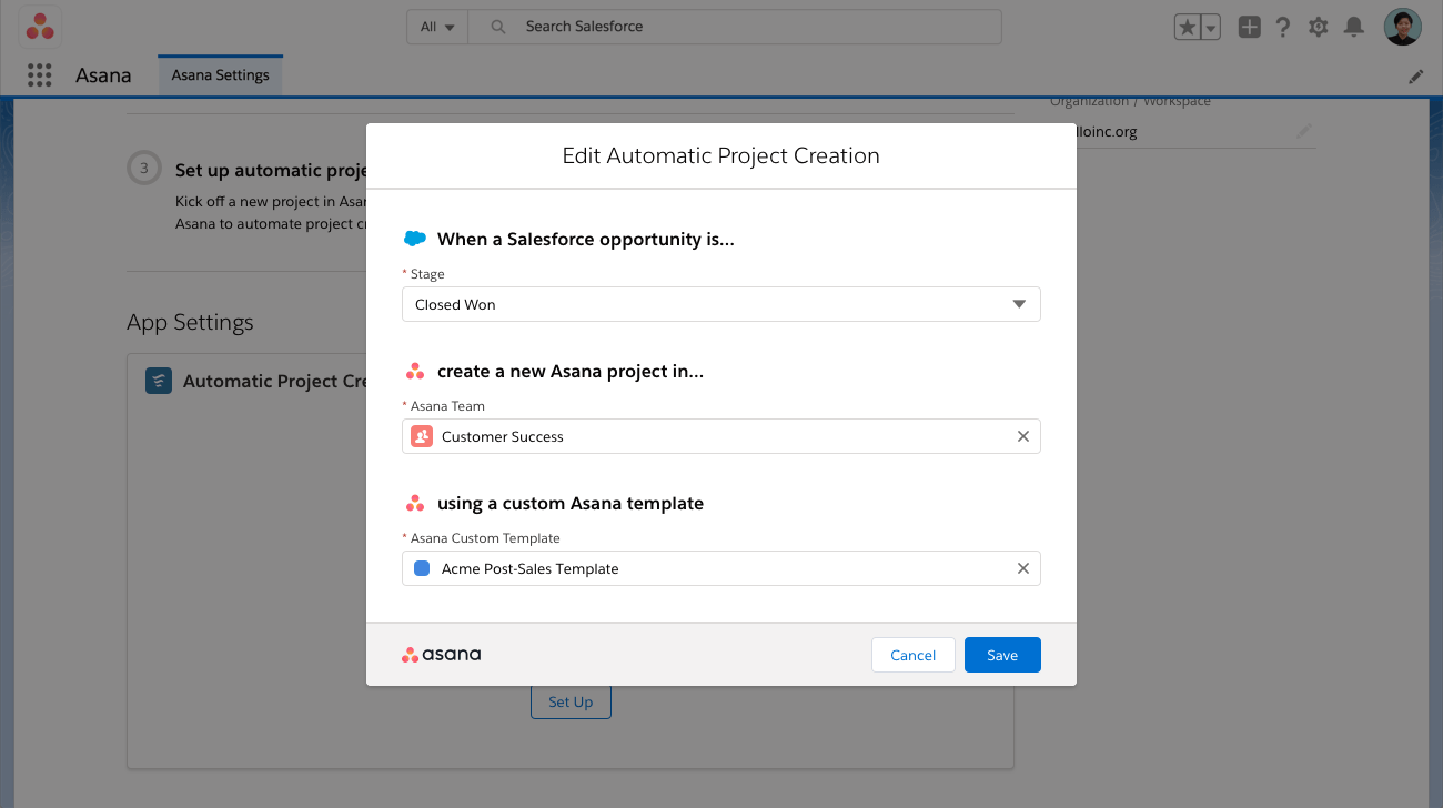 Recurso de criação de projetos de automatização da Asana