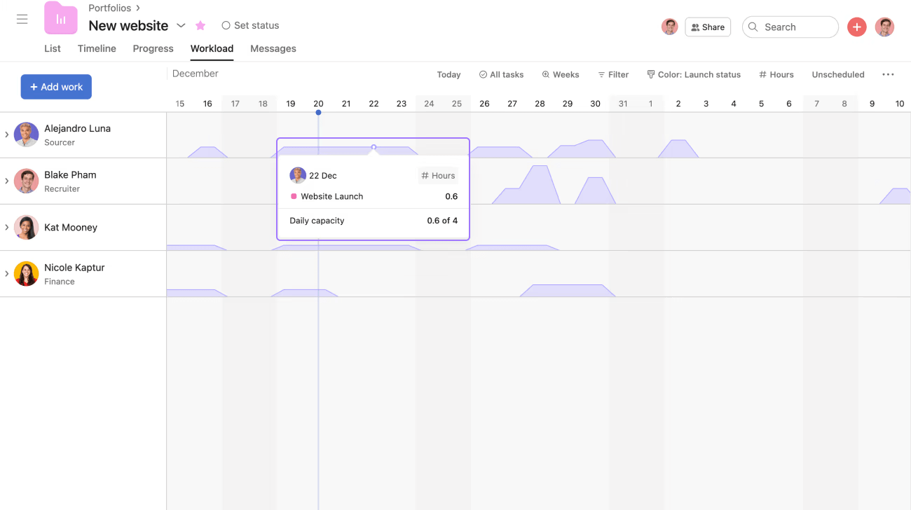 Asana 유니버설 작업량 기능