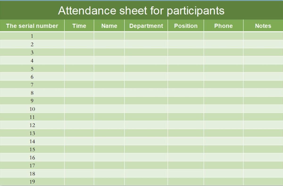 Screenshot of an attendance sheet for participants