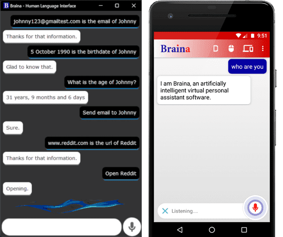 Painel de controle do Braina Virtual Assistant