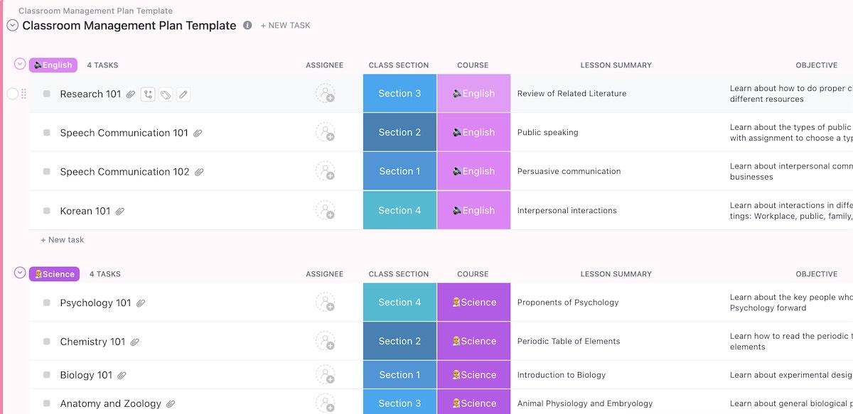 ClickUp sjabloon voor klassenmanagement