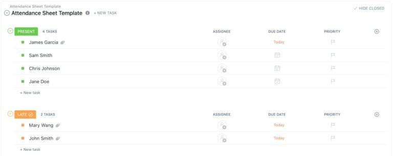 Screenshot of ClickUp's Attendance Sheet Template