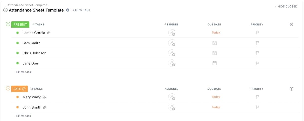 Use ClickUp’s Attendance Sheet Template to track attendance and analyze tasks for maximum productivity