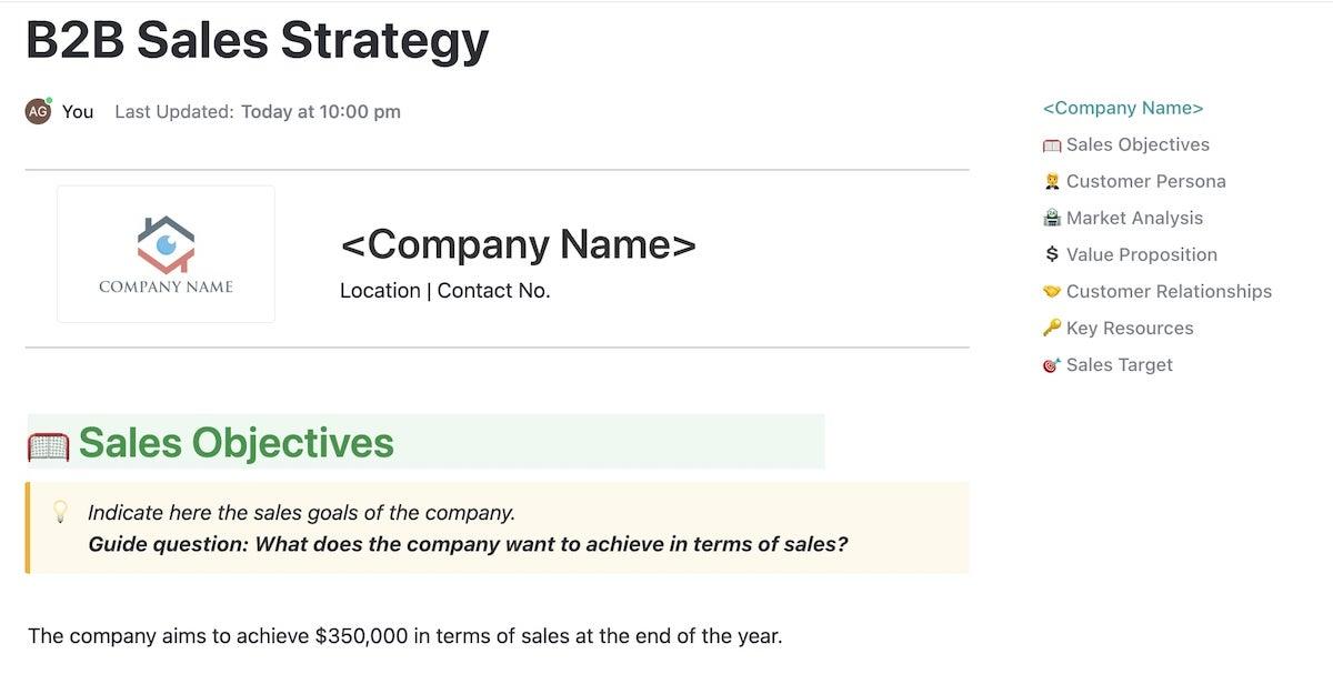 De ClickUp B2B Verkoopstrategie Sjabloon helpt u bij het maken van een effectief plan en een lijst met doelstellingen voor uw verkoopteam