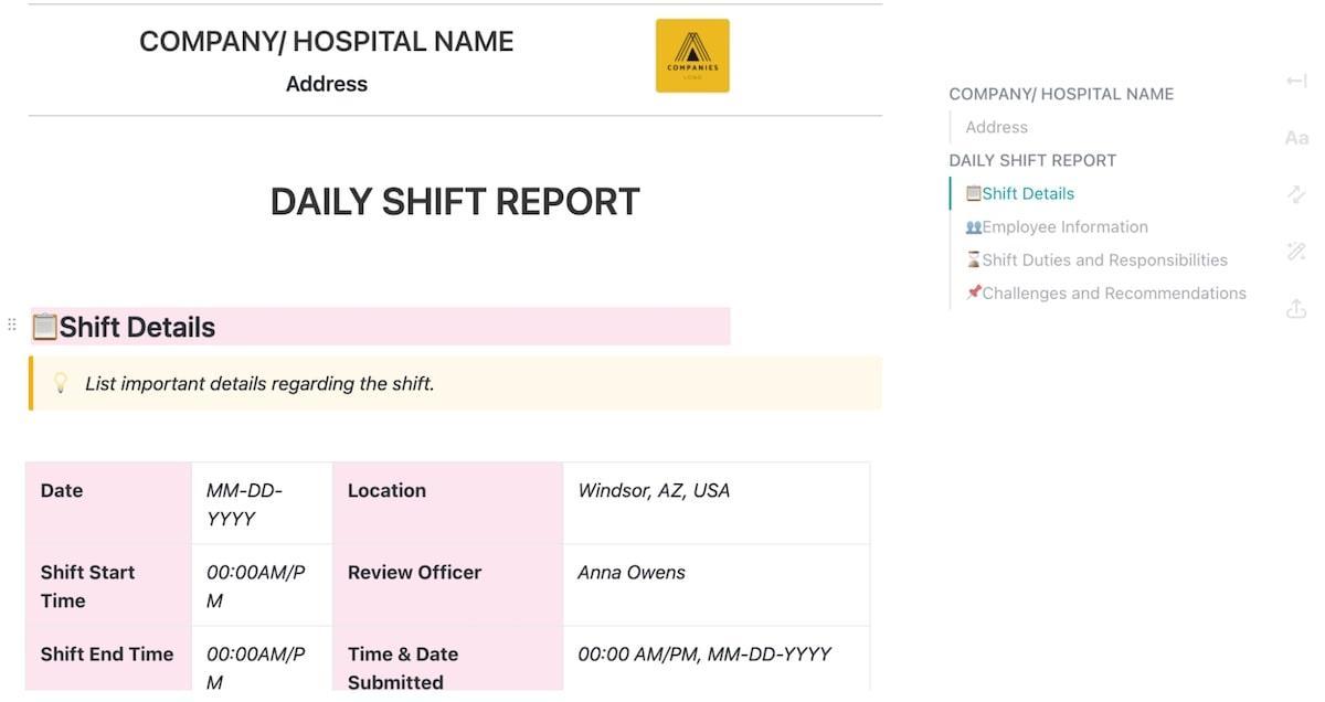 Example of ClickUp's Change of Shift Report Template