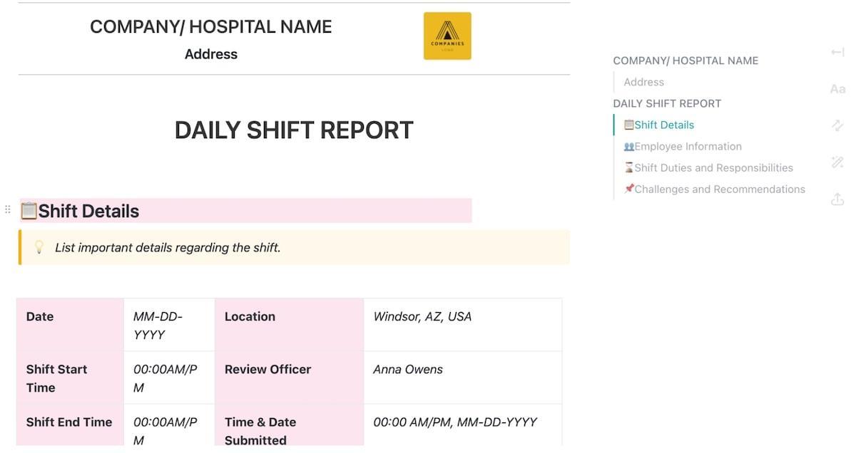Plantilla de informe de cambio de turno ClickUp