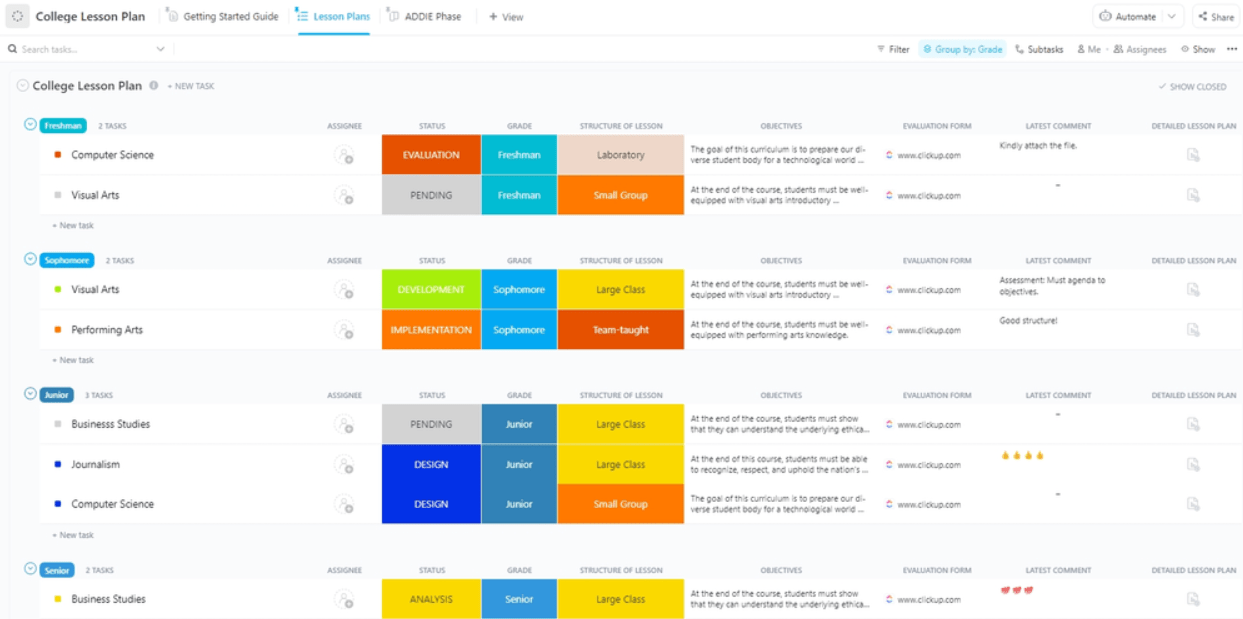 ClickUp's College Lesson Plan Template is designed to help instructors create, manage, and track lesson plans for college courses.