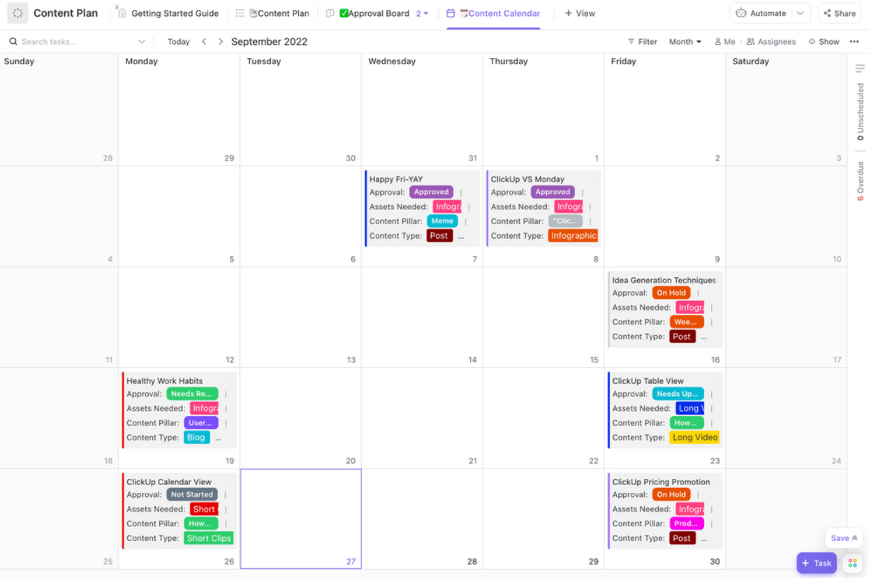 Use the ClickUp Content Plan Template to manage your content pipeline and plan a content publishing schedule