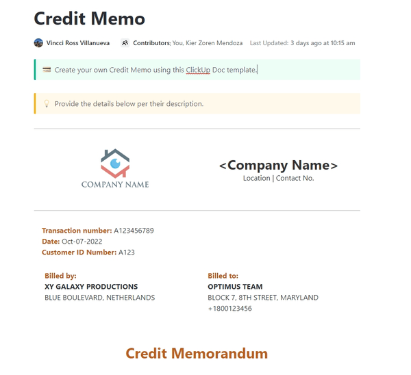 ClickUp Credit Memo Template