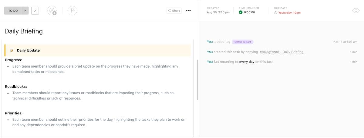 Capture each project’s daily progress, priorities, and roadblocks with the ClickUp Daily Briefing Template