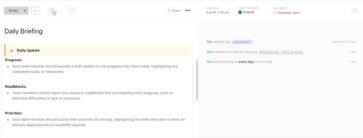 Registre o progresso diário, as prioridades e os bloqueios de cada projeto com o ClickUp Daily Briefing Template