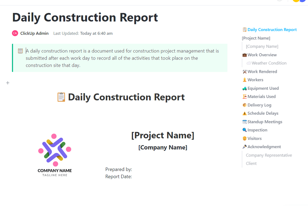 Modelo de relatório diário de construção do ClickUp