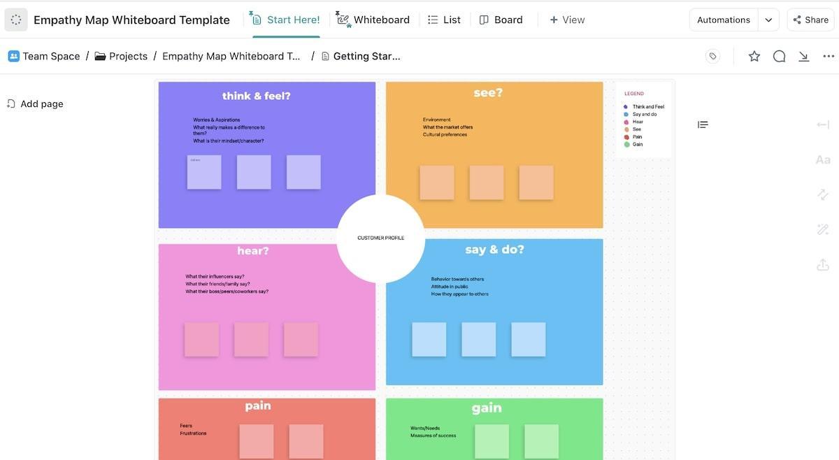 Współpracuj ze współpracownikami, korzystając z szablonu Empathy Map Whiteboard Template od ClickUp, aby zrozumieć zachowanie klientów